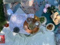 a picnic blanket on a grassy area