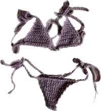 two purple crocheted bikinis on a black background