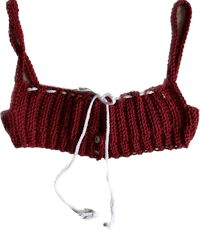 a red knitted bikini top with white ties